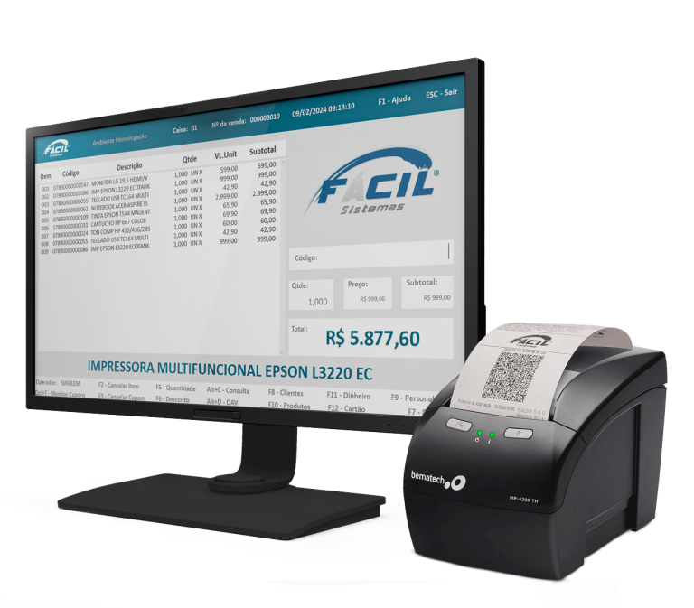 Sistema PDV NFCe com monitor exibindo interface de vendas e impressora térmica para emissão de cupons fiscais